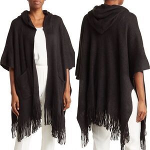 VINCE CAMUTO Feels Like Home Hooded Fringe Hem Ruana Cape Wrap, Black, NWT